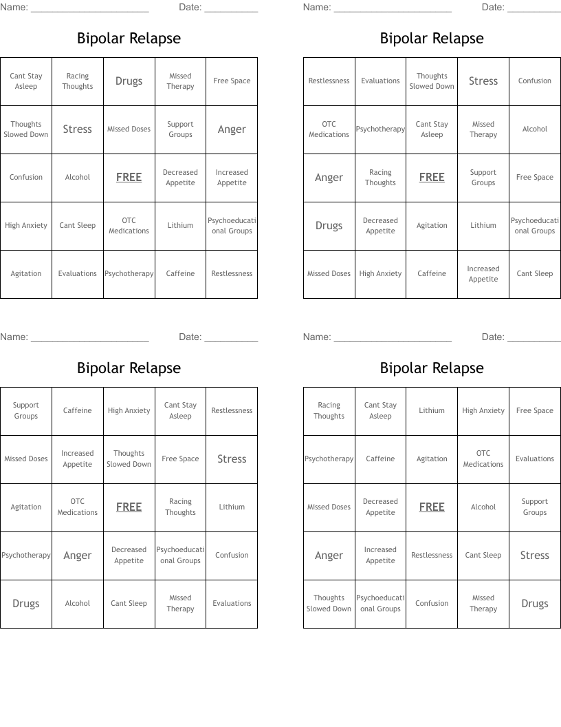 Bipolar Relapse Bingo Cards