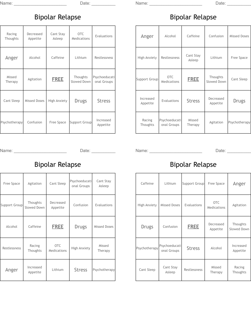 Bipolar Relapse Bingo Cards