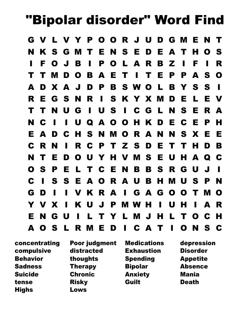 "Bipolar disorder" Word Find Word Search