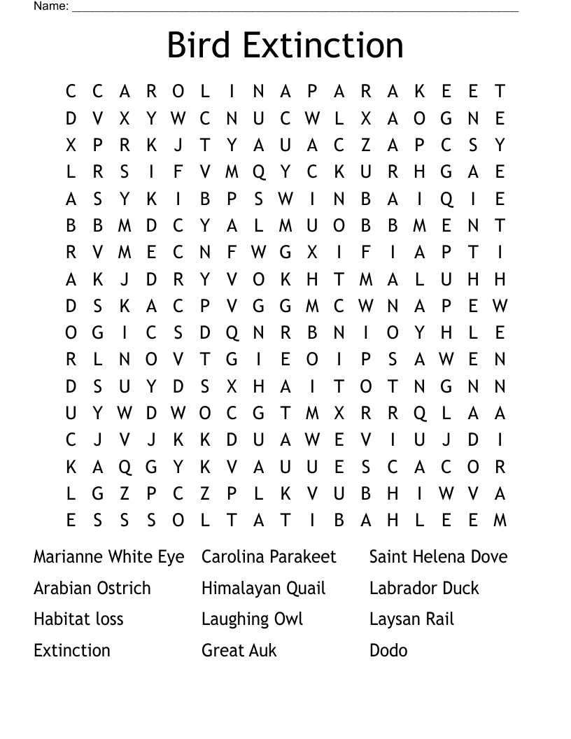 Bird Extinction Word Search