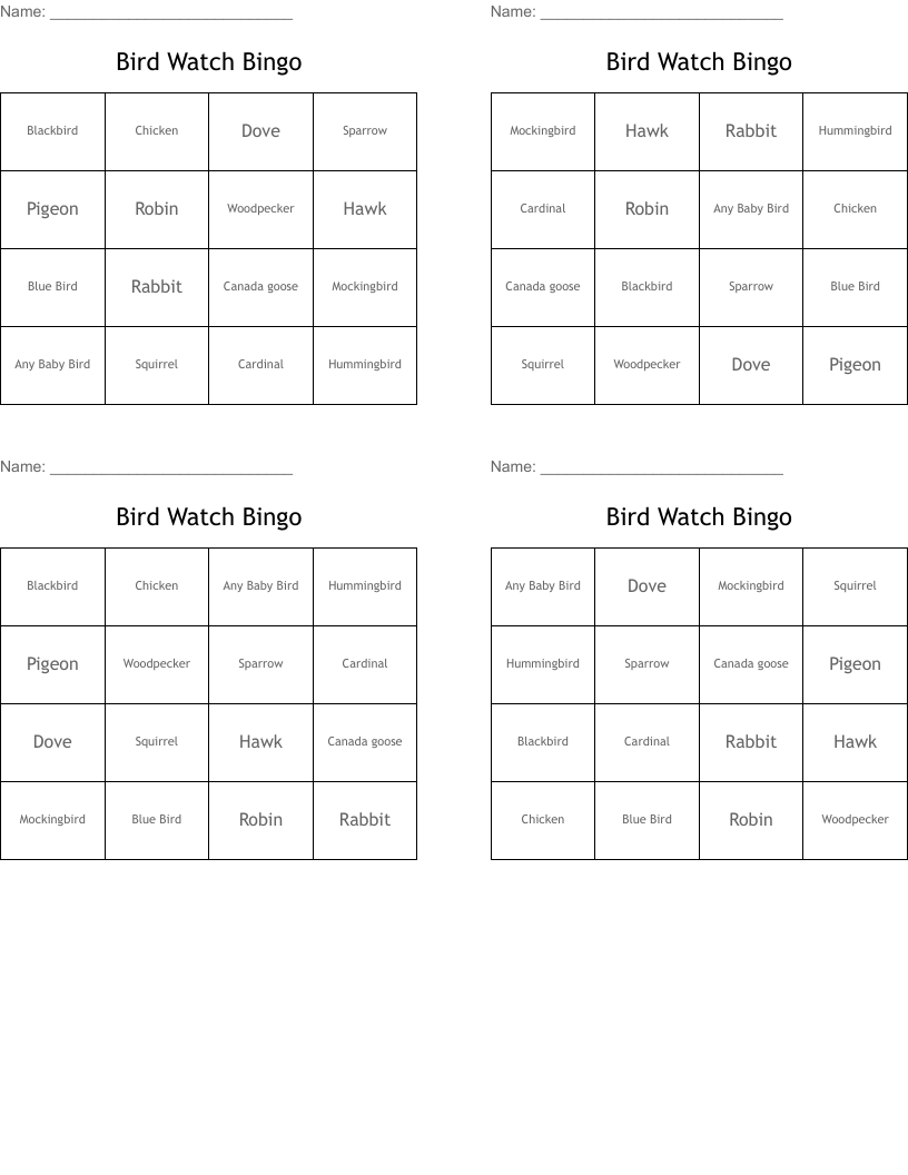 Bird Watch Bingo