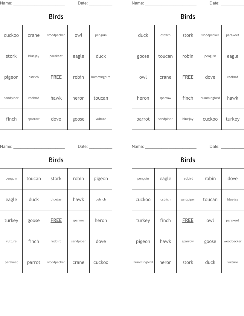 Birds Bingo Cards