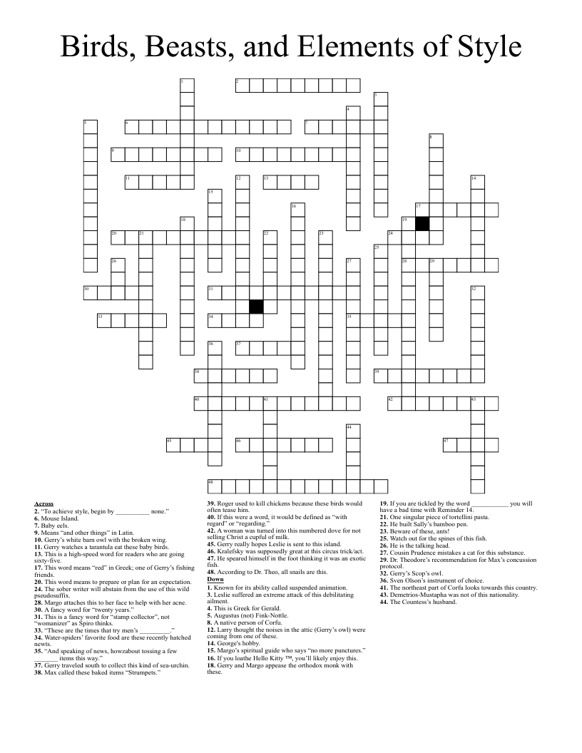 Birds, Beasts, and Elements of Style Crossword