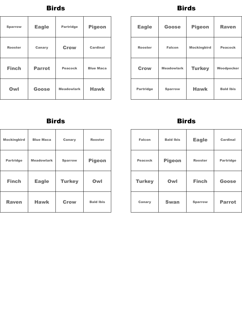 Birds  Bingo Cards