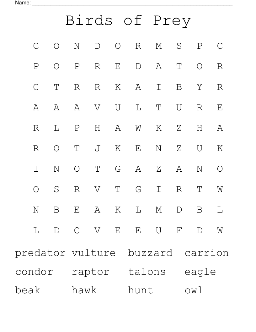 Birds of Prey Word Search