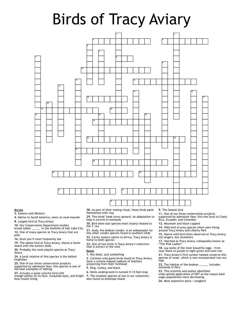 Birds of Tracy Aviary Crossword