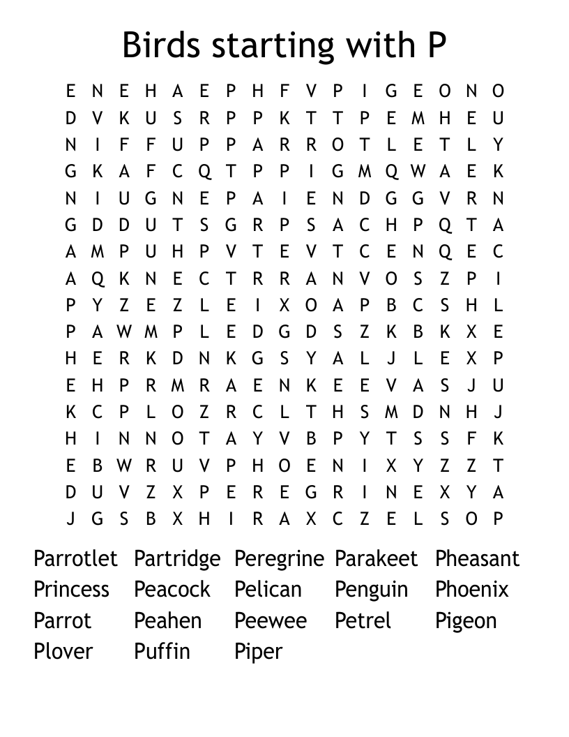 Birds starting with P  Word Search