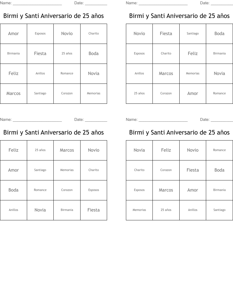 Birmi y Santi Aniversario de 25 años Bingo Cards