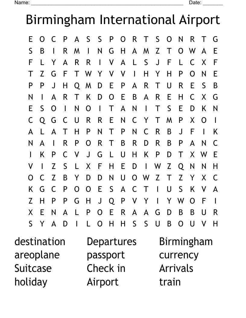 Birmingham International Airport Word Search