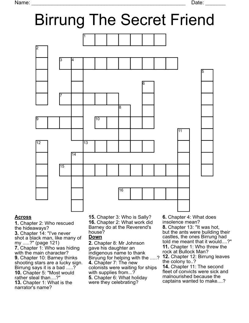 Birrung The Secret Friend Crossword