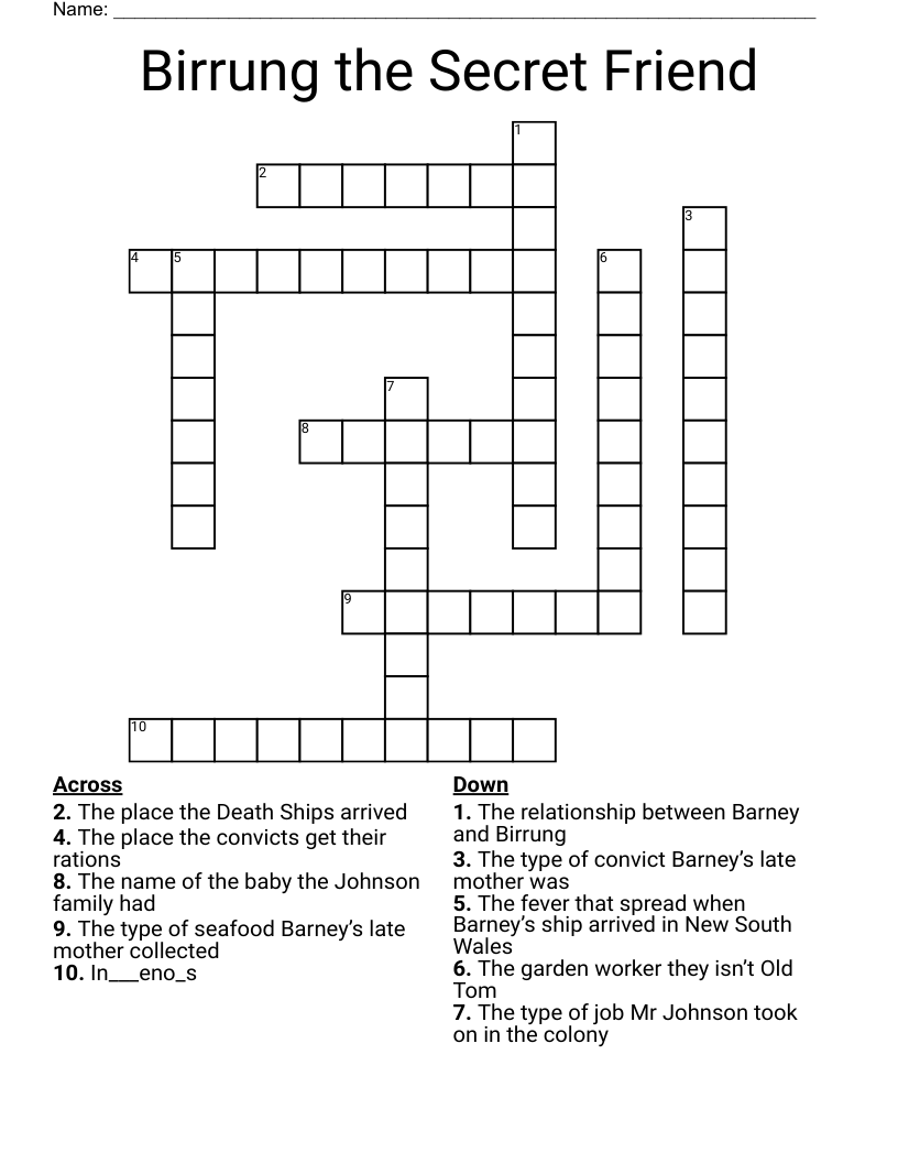 Birrung the Secret Friend Crossword