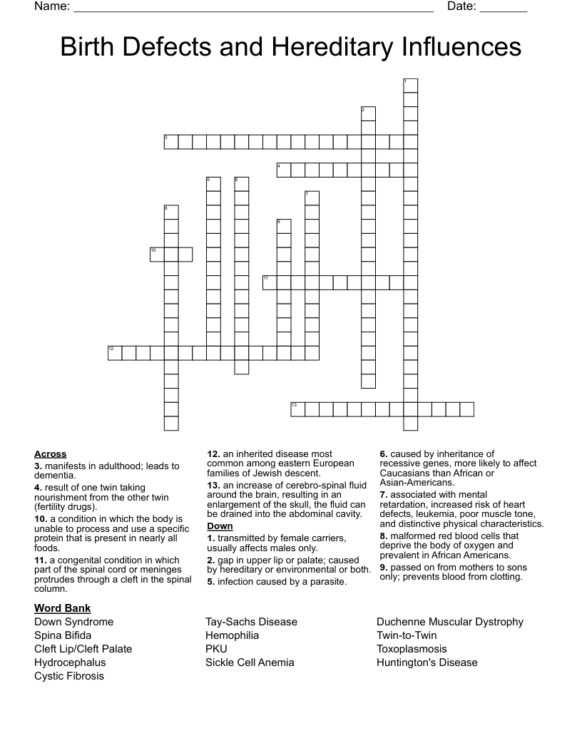 Birth Defects and Hereditary Influences Crossword