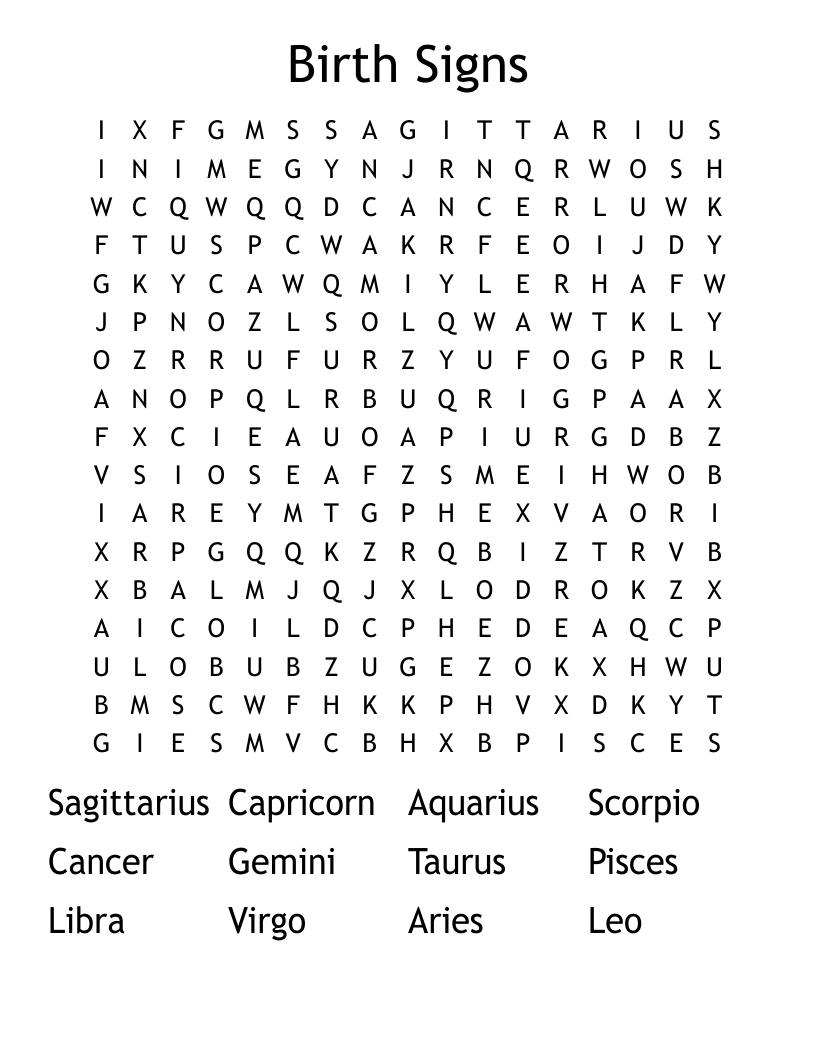 Birth Signs Word Search