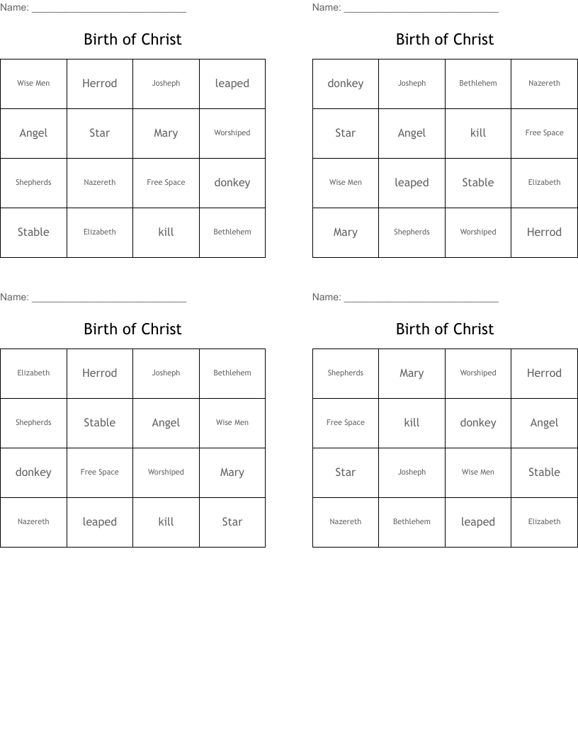 Birth of Christ Bingo Cards