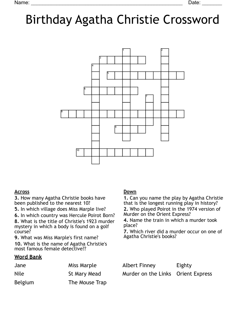 Birthday Agatha Christie Crossword