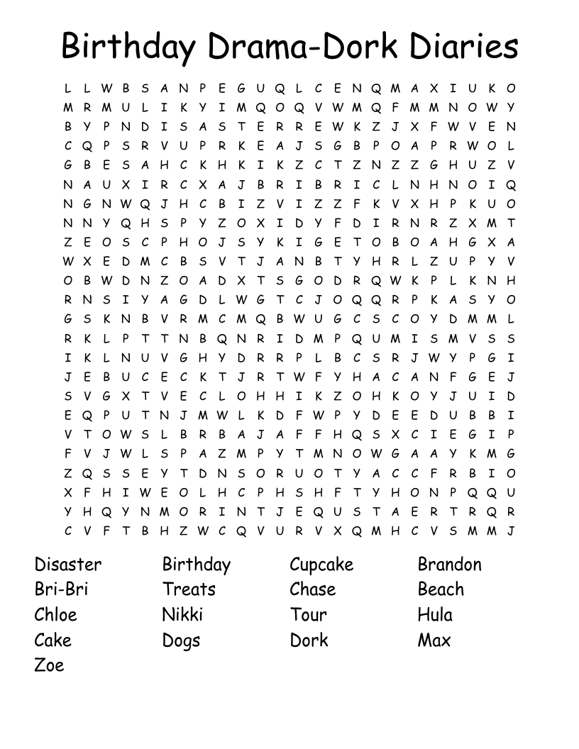 Birthday Drama-Dork Diaries Word Search