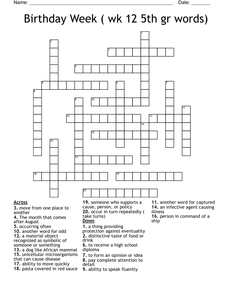 Birthday Week ( wk 12 5th gr words) Crossword