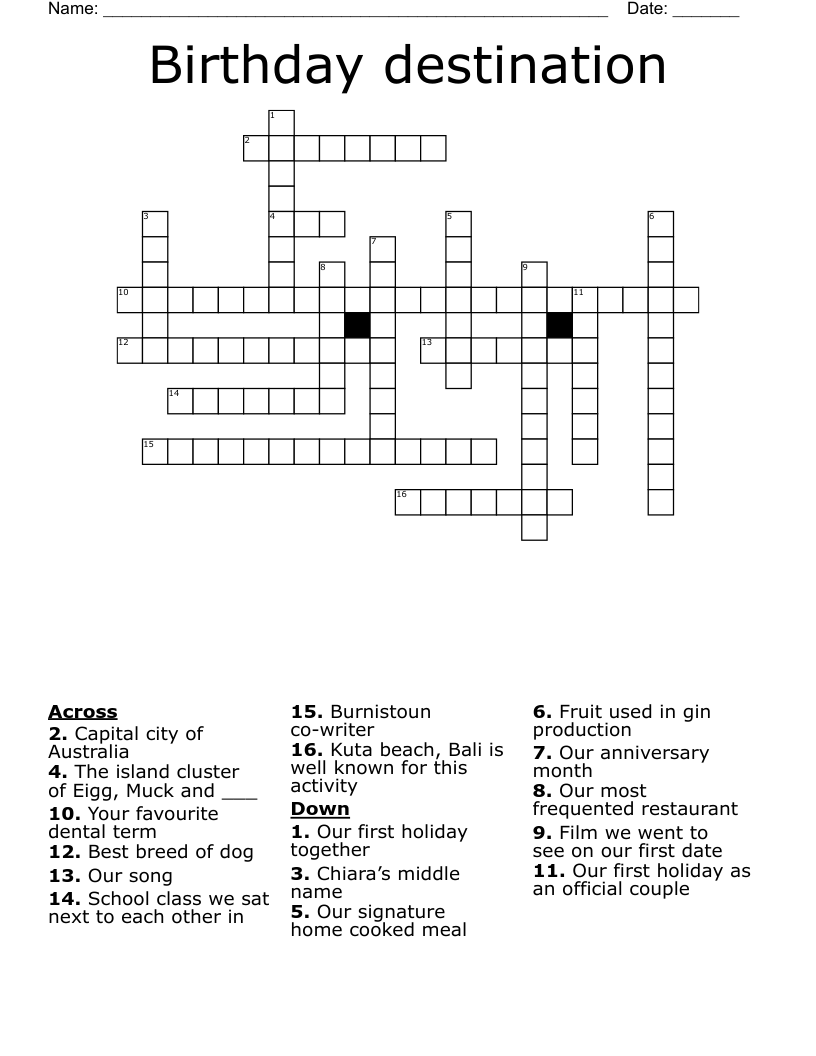 Birthday destination  Crossword