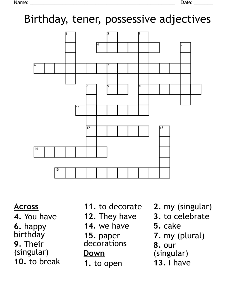 Birthday, tener, possessive adjectives Crossword