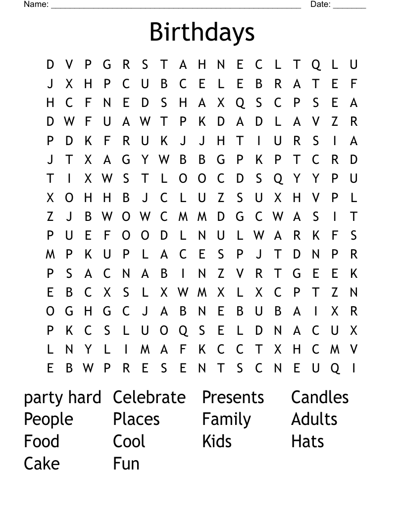 Birthdays Word Search