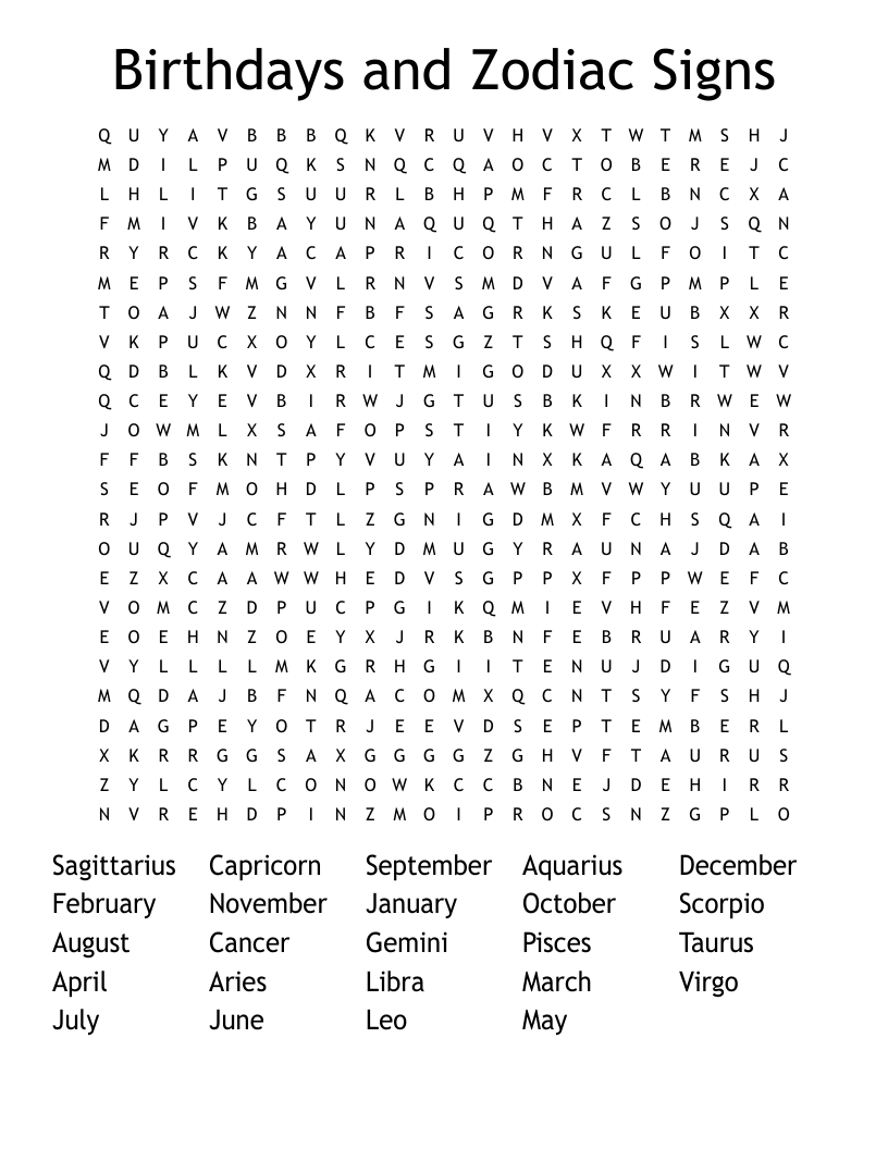 Birthdays and Zodiac Signs Word Search