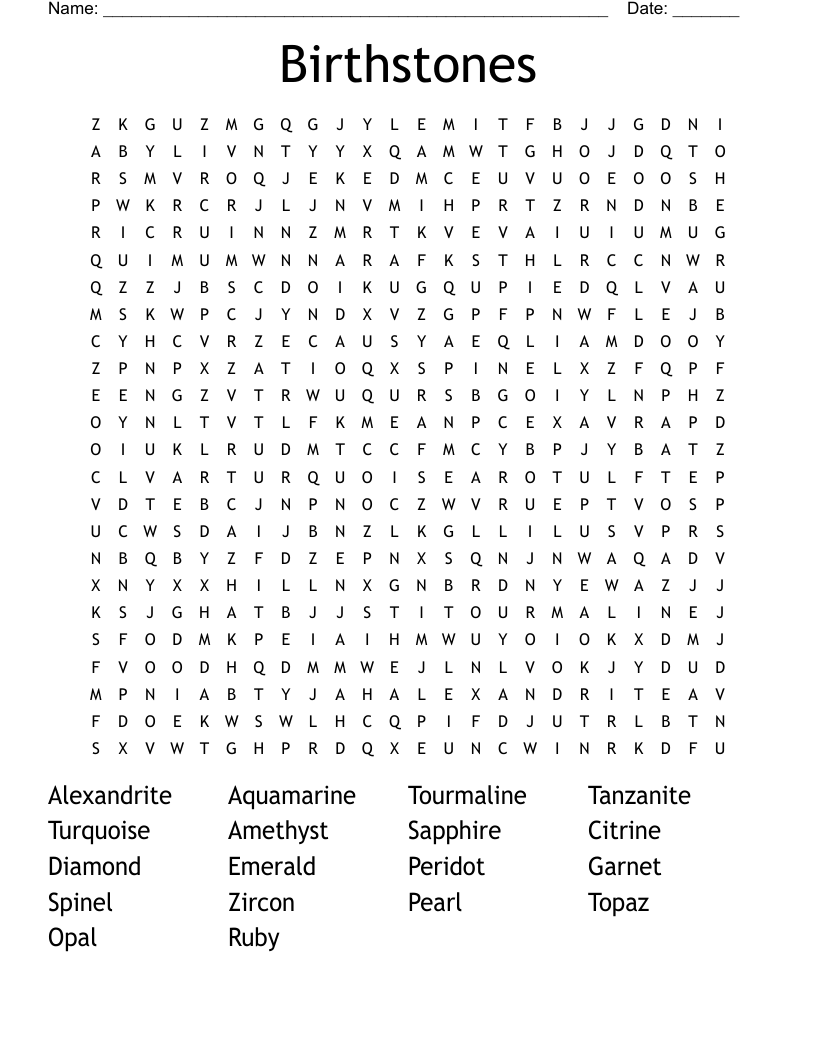 Birthstones Word Search