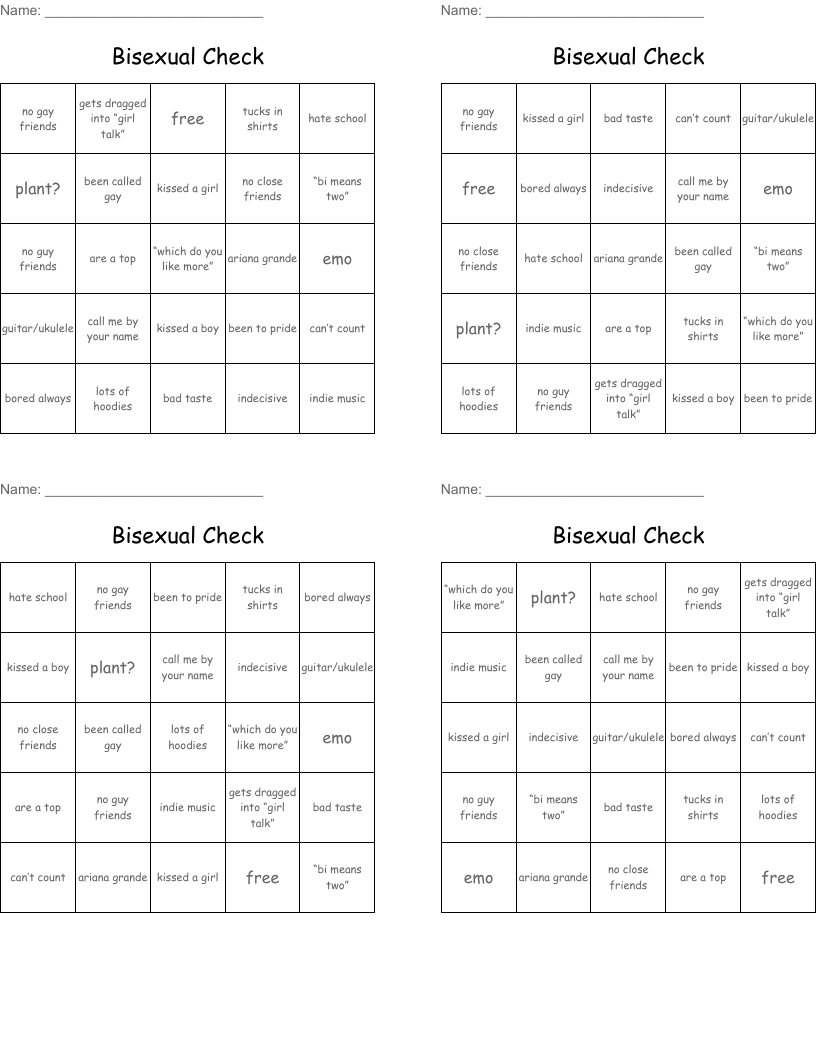 Bisexual Check Bingo Cards