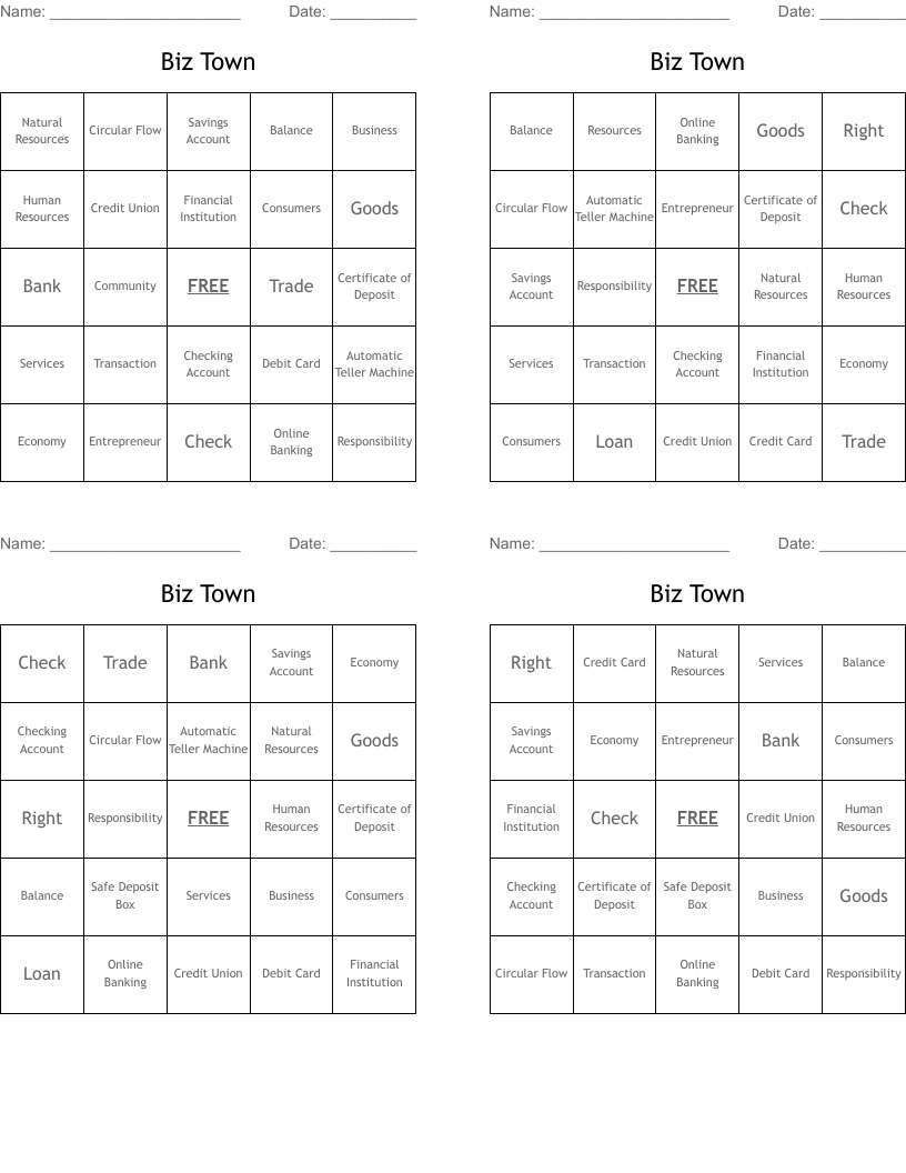 Biz Town Bingo Cards