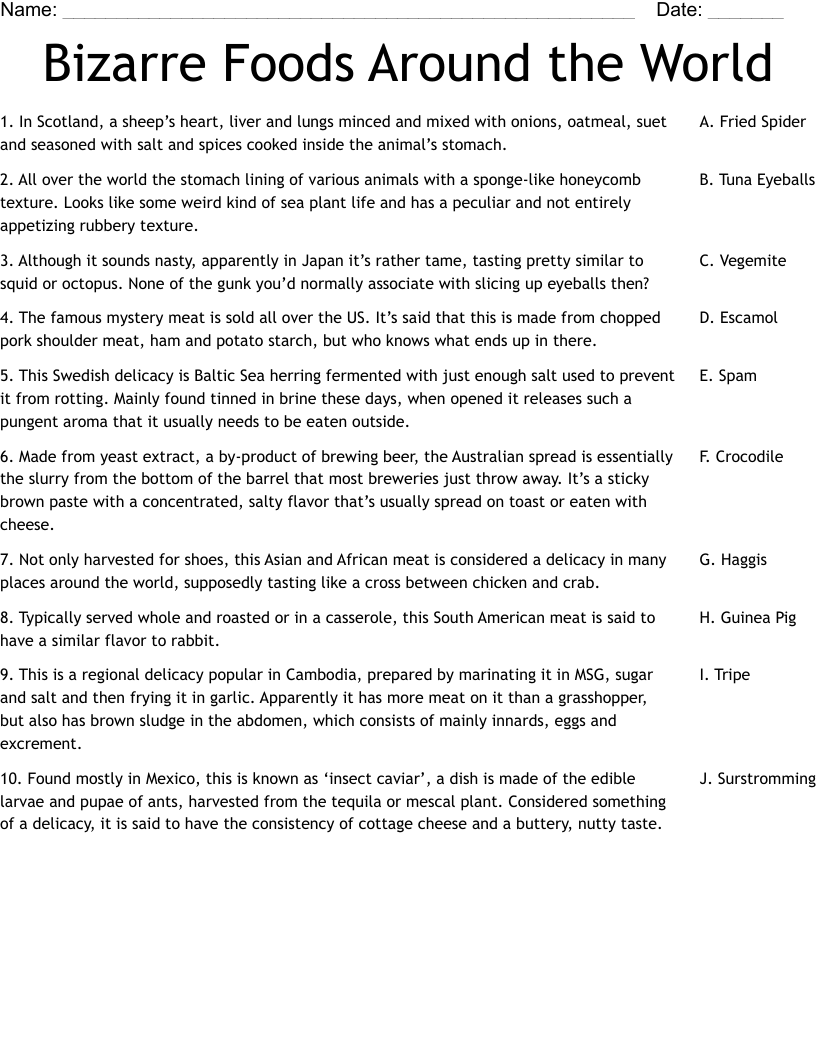 Bizarre Foods Around the World Worksheet