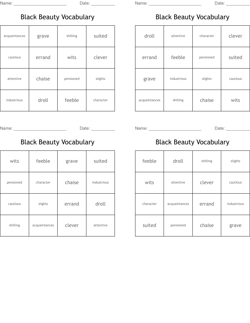 Black Beauty Vocabulary Bingo Cards