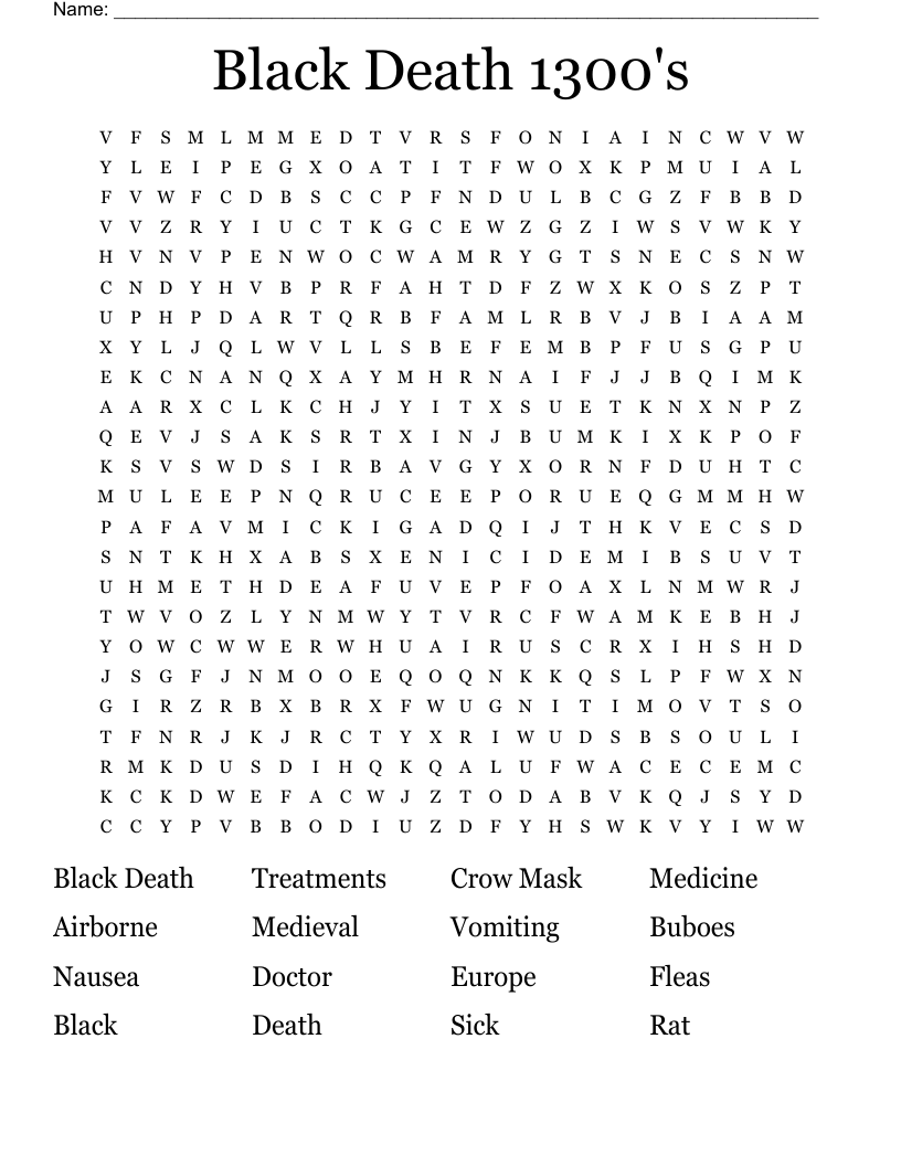 Black Death 1300's Word Search