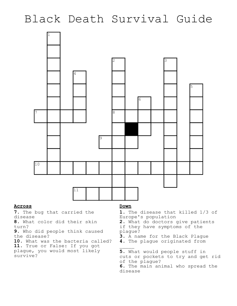 Black Death Survival Guide Crossword