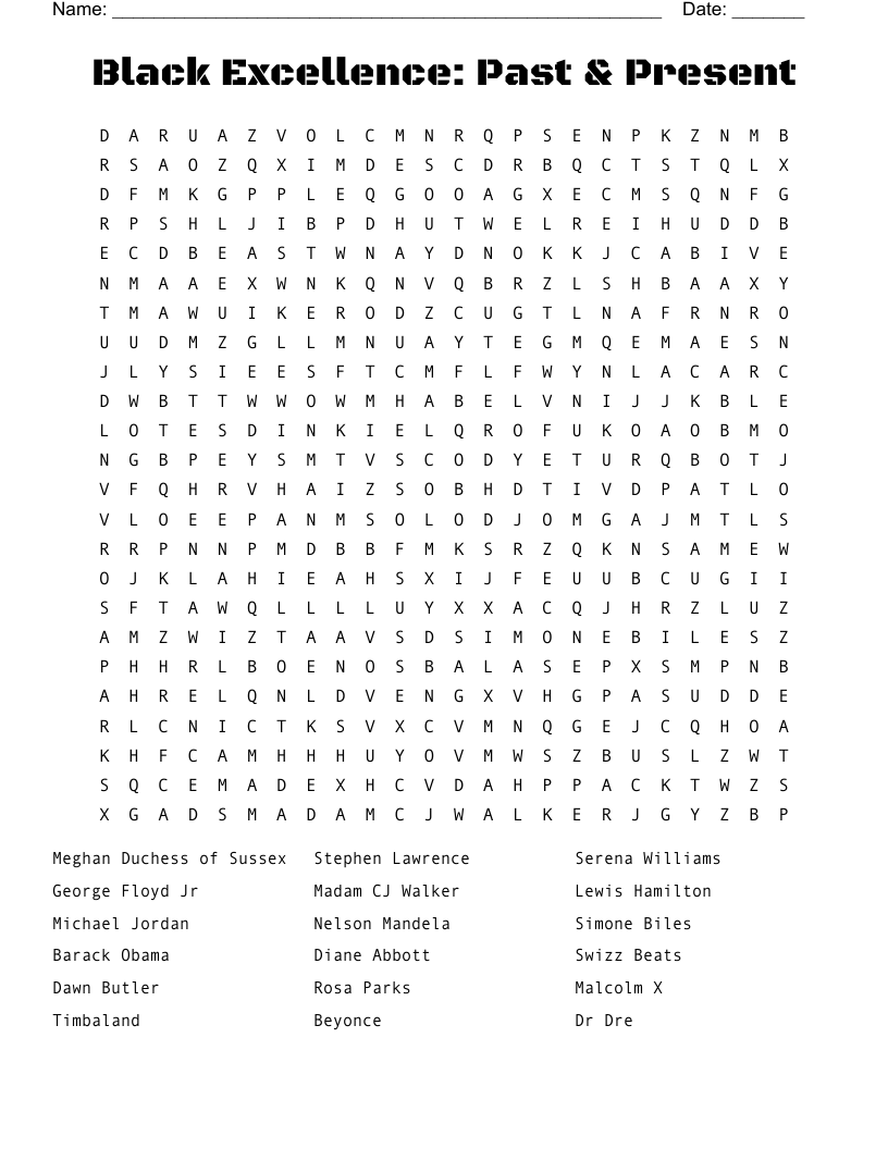 Black Excellence: Past & Present Word Search