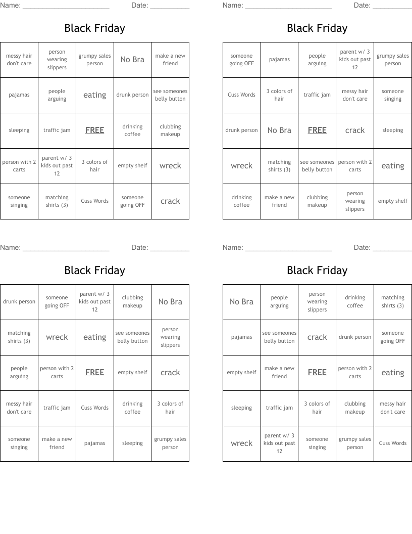 Black Friday Bingo Cards