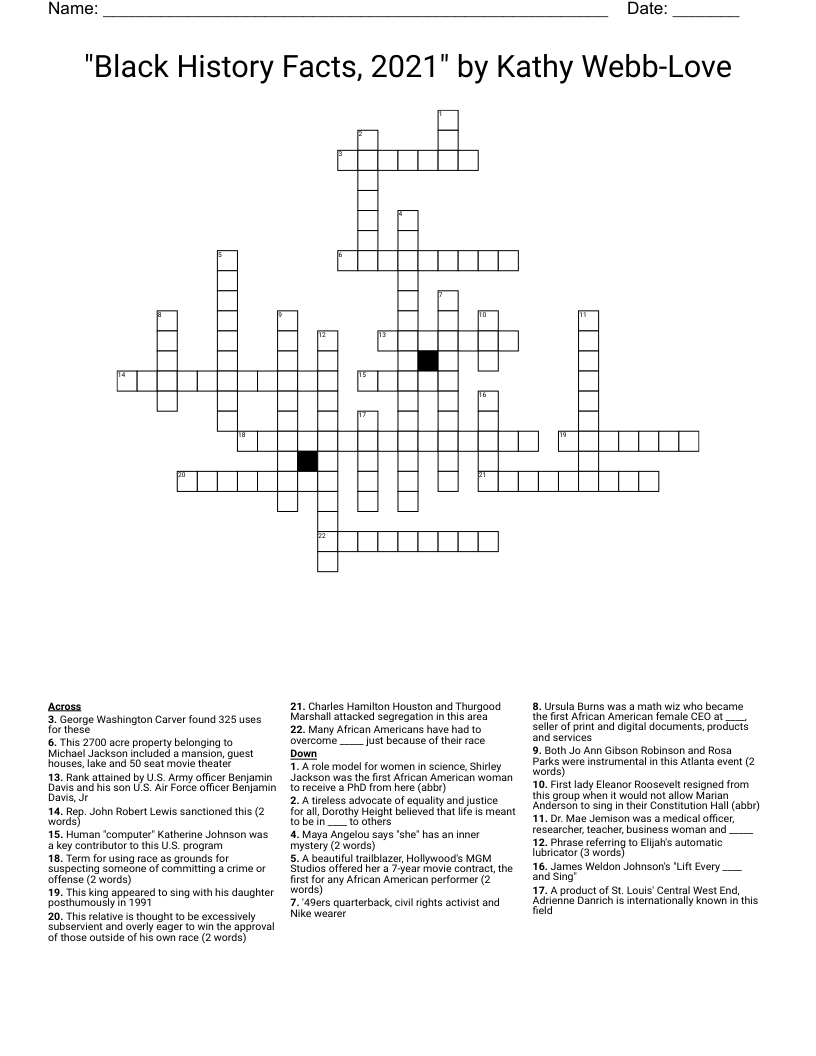 "Black History Facts, 2021" by Kathy Webb-Love Crossword