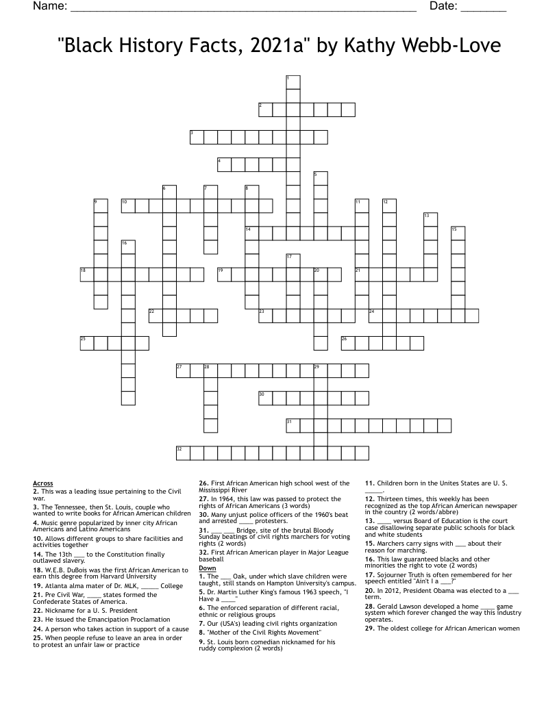 "Black History Facts, 2021a" by Kathy Webb-Love Crossword