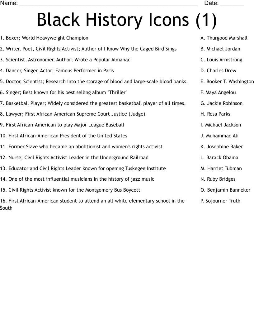 Black History Icons (1) Worksheet
