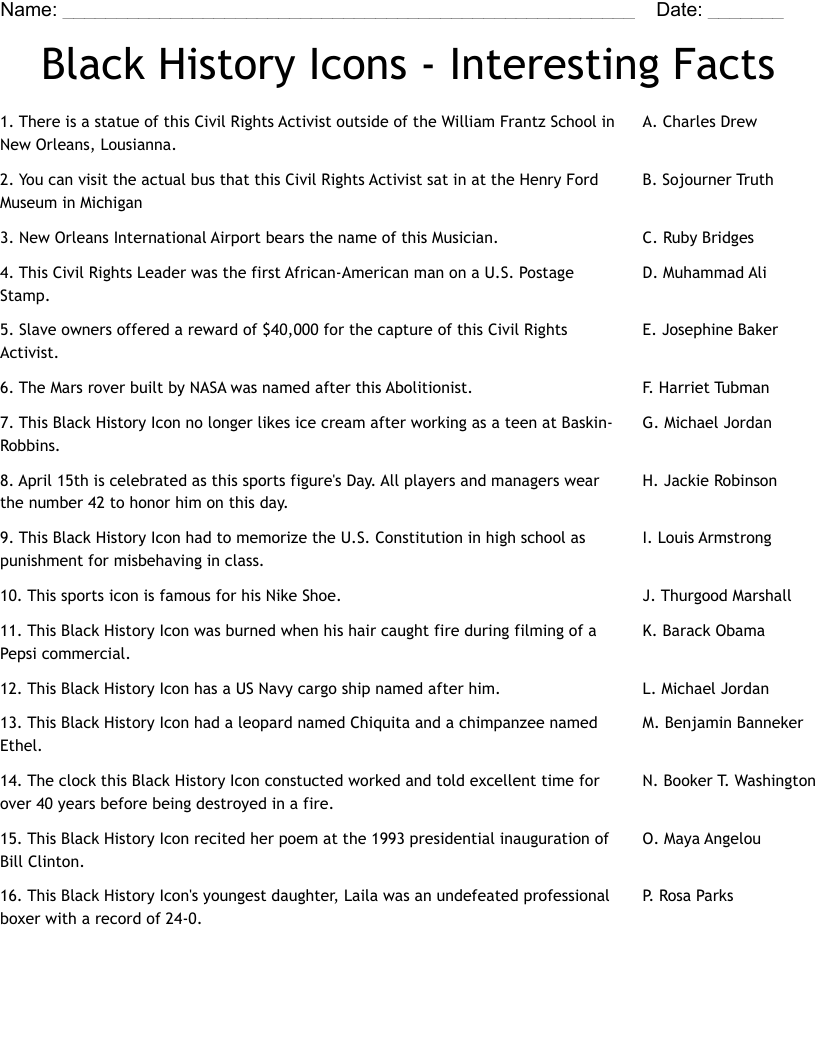 Black History Icons - Interesting Facts Worksheet