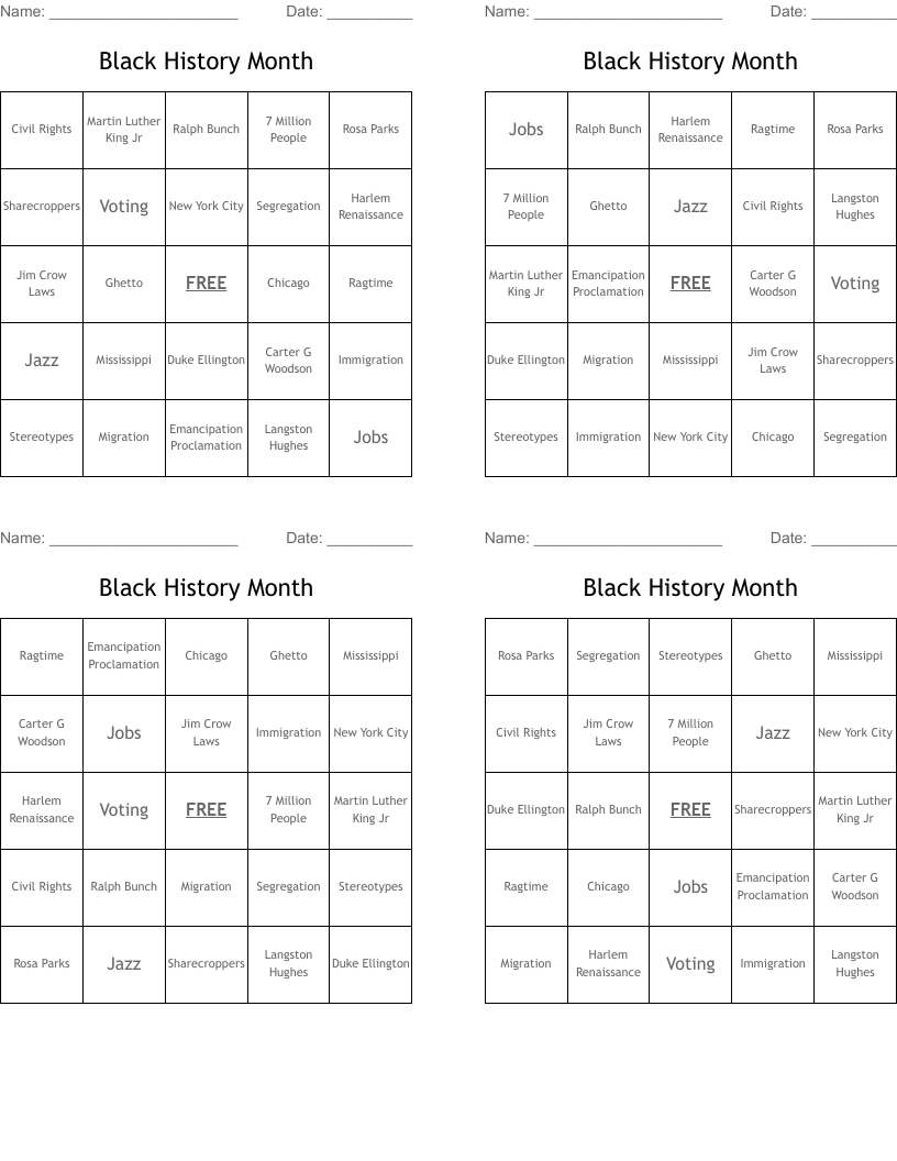 Black History Month Bingo Cards