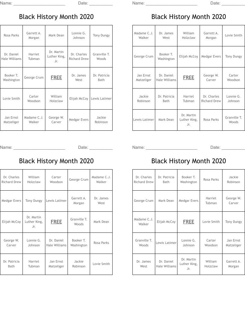 Black History Month 2020 Bingo Cards