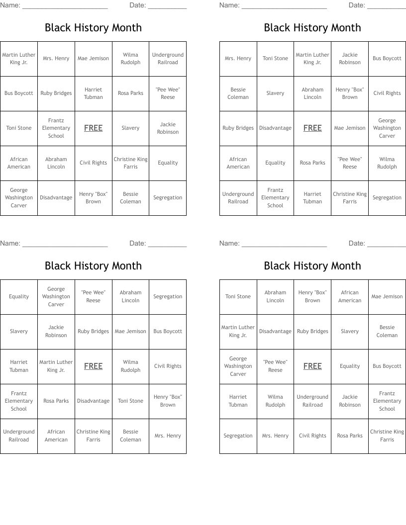 Black History Month Bingo Cards