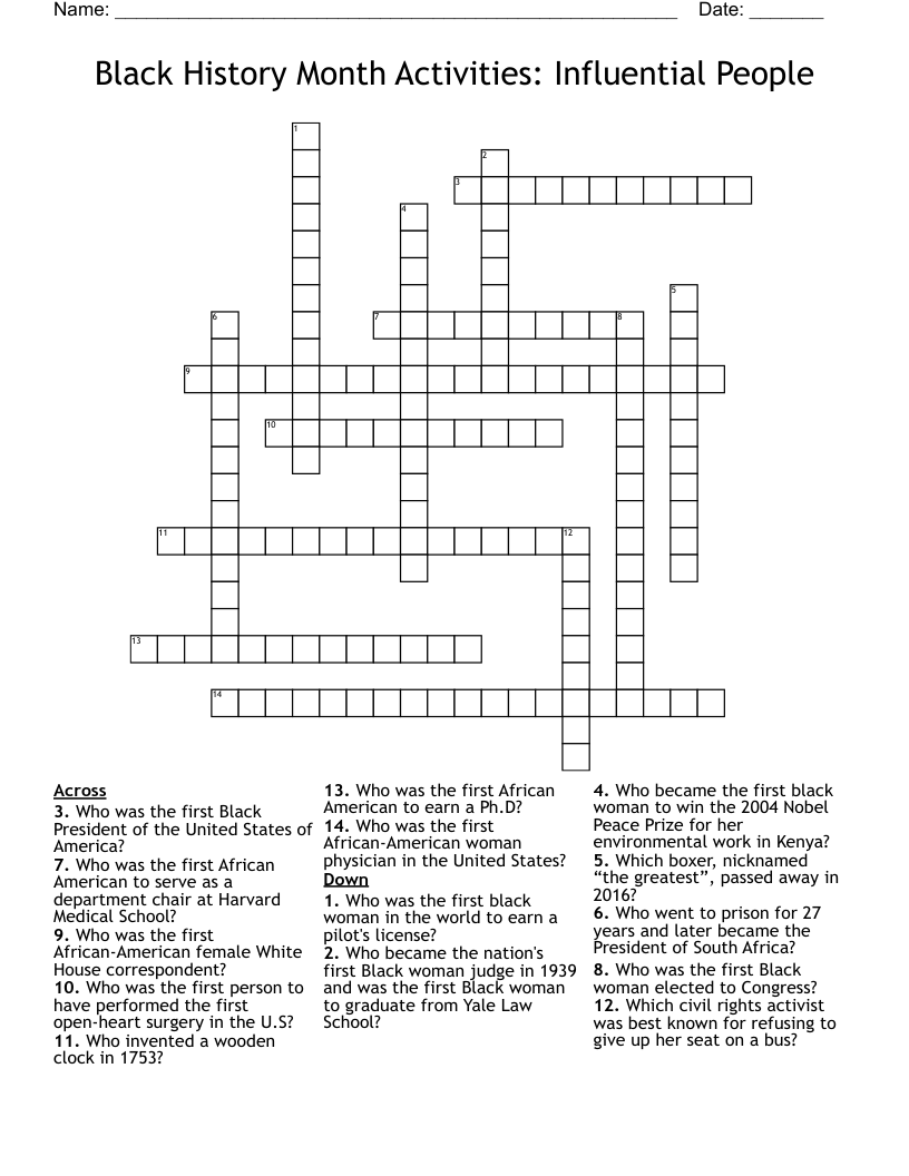 Black History Month Activities: Influential People Crossword