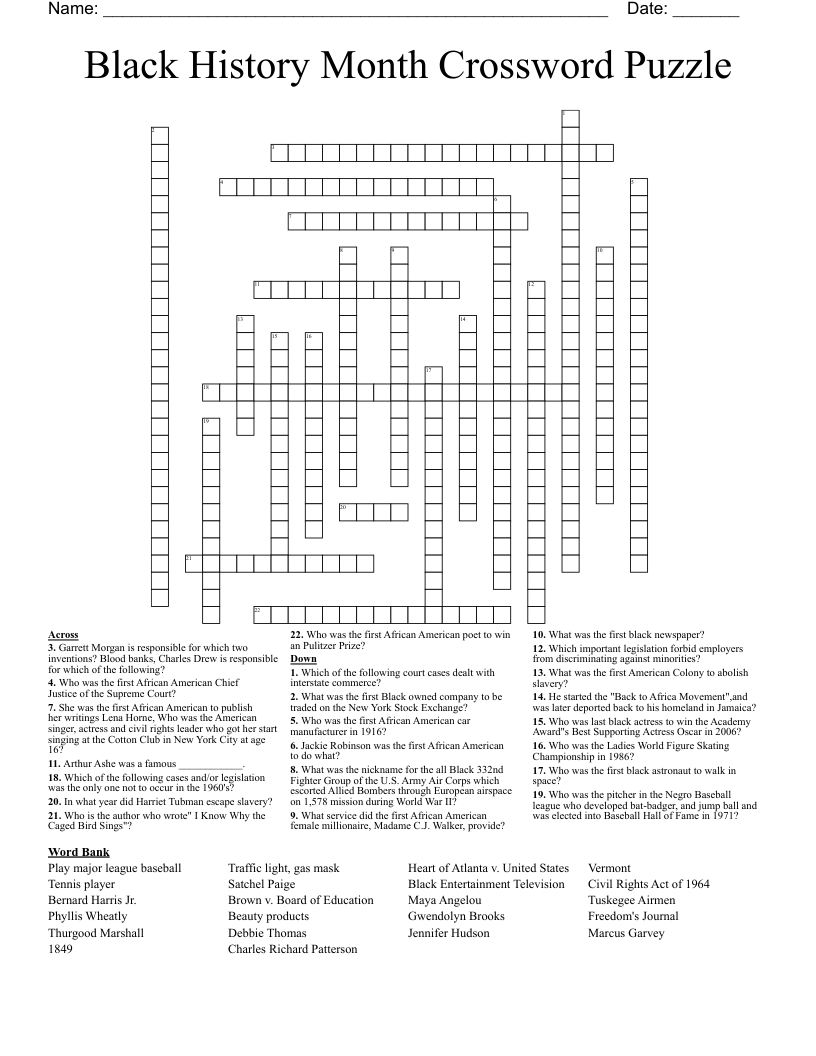 Black History Month Crossword Puzzle