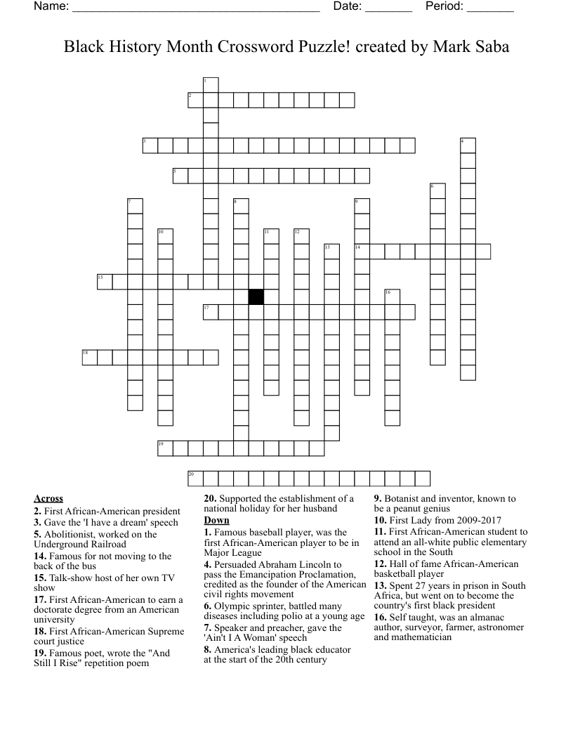 Black History Month Crossword Puzzle!  created by  Mark Saba