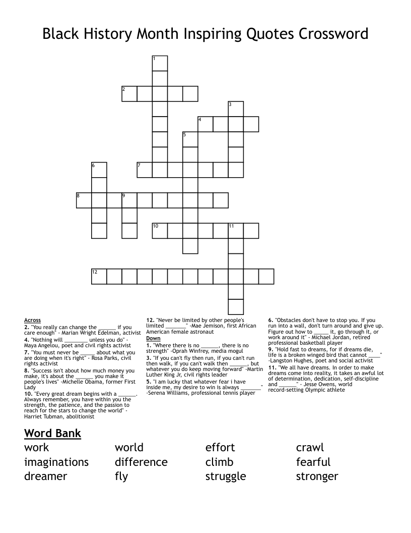 Black History Month Inspiring Quotes Crossword