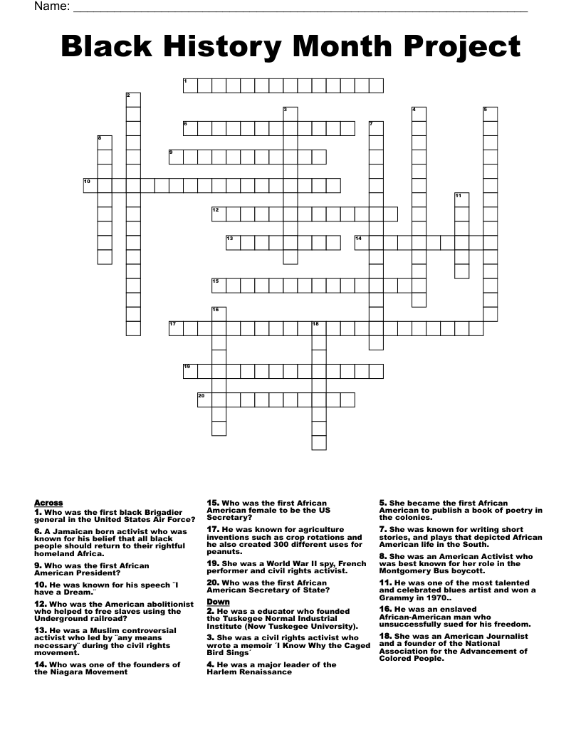 Black History Month Project Crossword