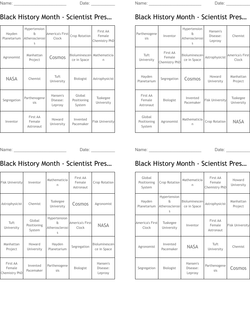Black History Month - Scientist Presentations Bingo Cards