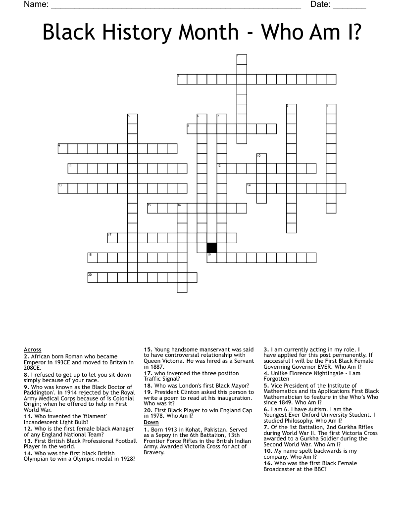 Black History Month - Who Am I? Crossword