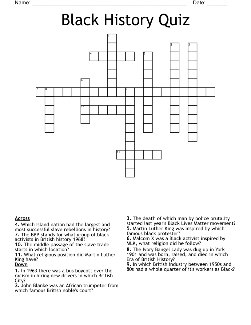 Black History Quiz Crossword
