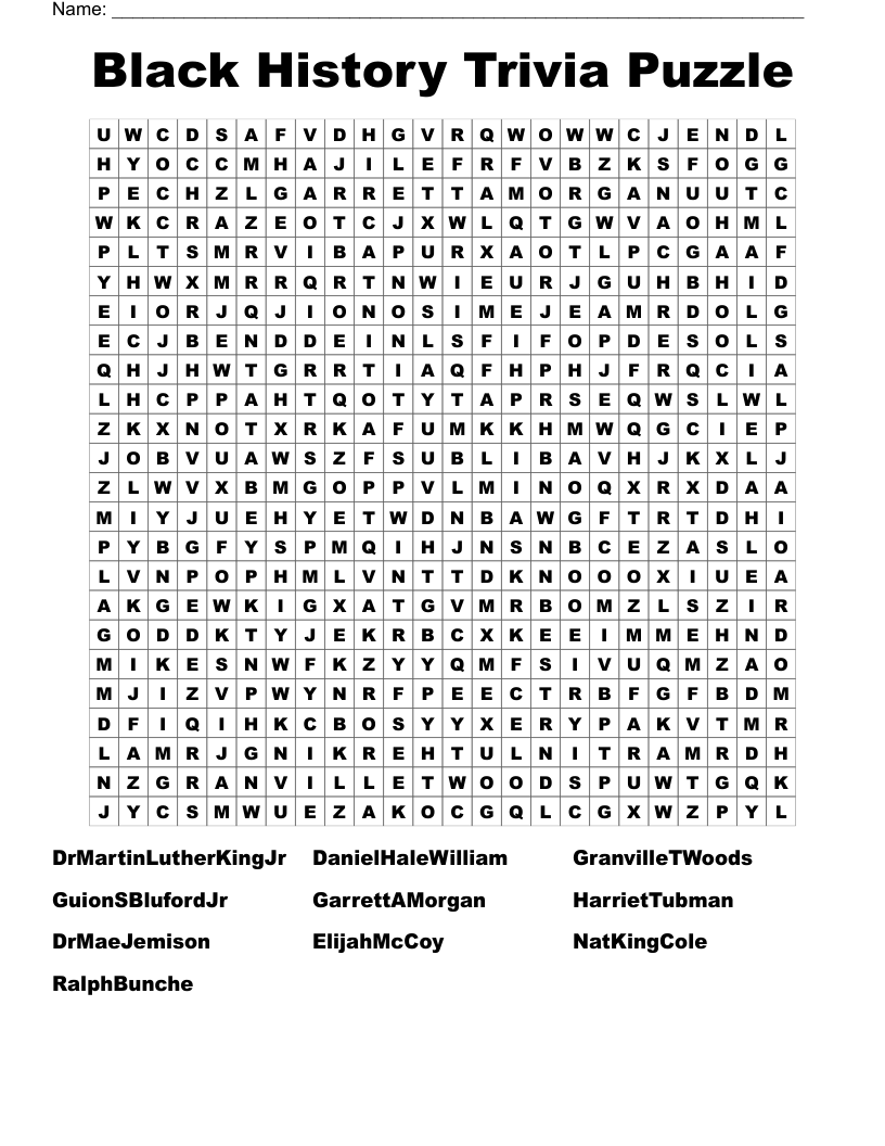Black History Trivia Puzzle Word Search